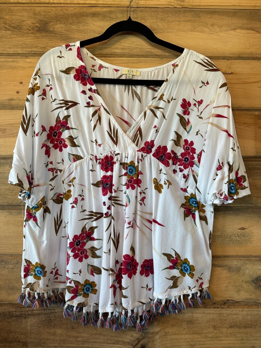 Kori White Floral V-Neck Tassel-Trim Tunic